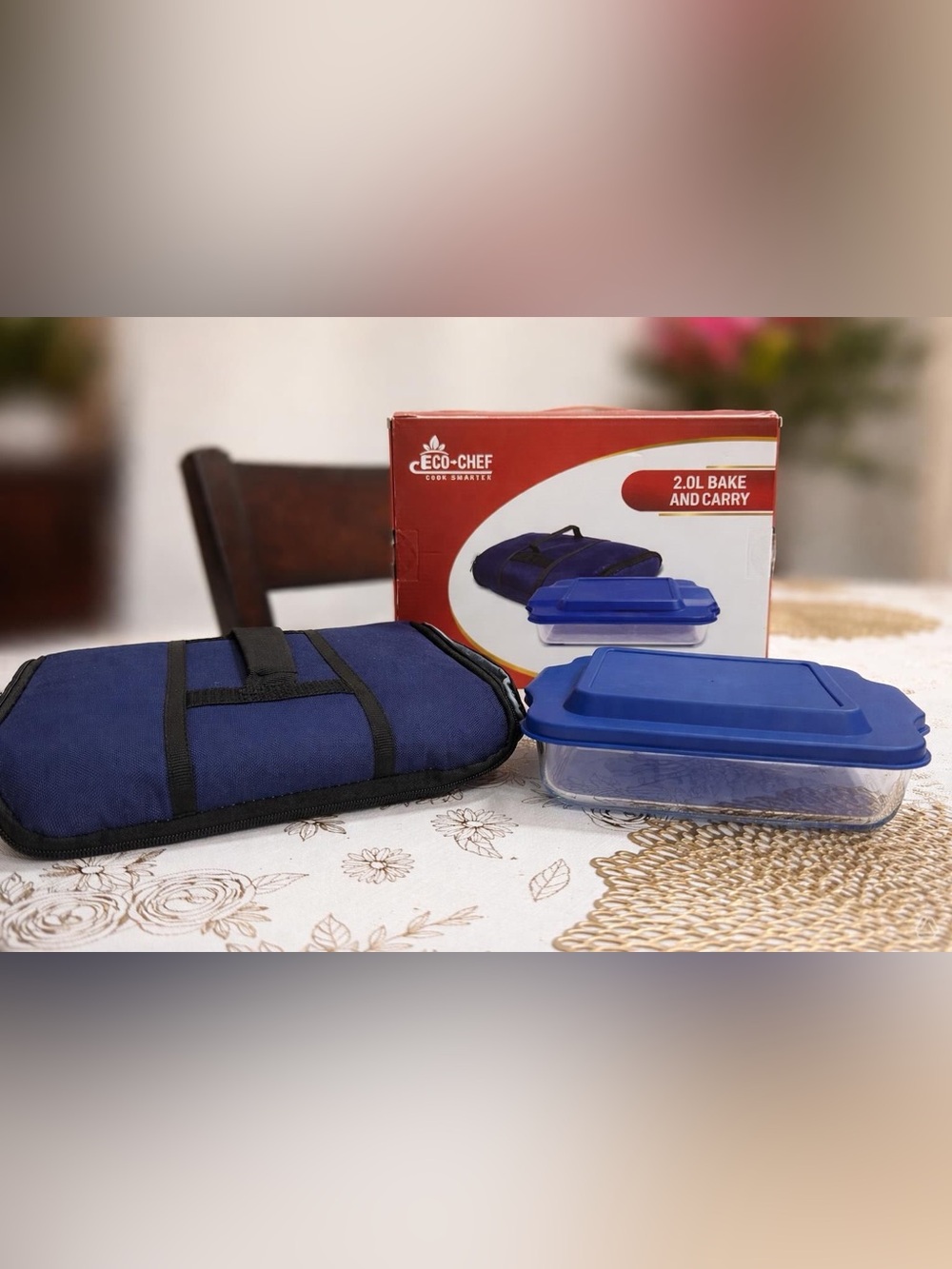 Blue 2.0L Bake & Carry Glass Food Container with Insulated Carrier